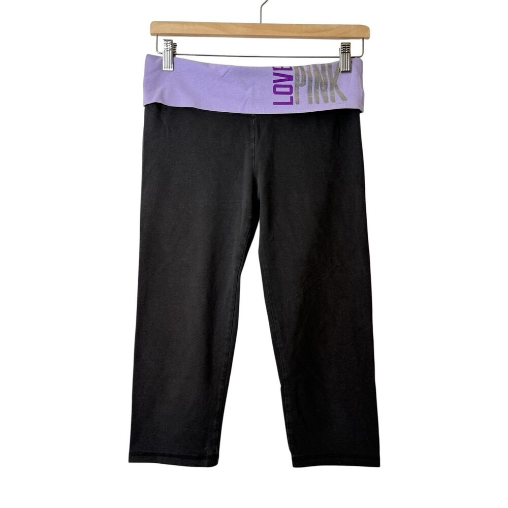 VTG Y2K Pink Victoria Secret Foldover Yoga Pant Capri Cropped Purple Black Sz M